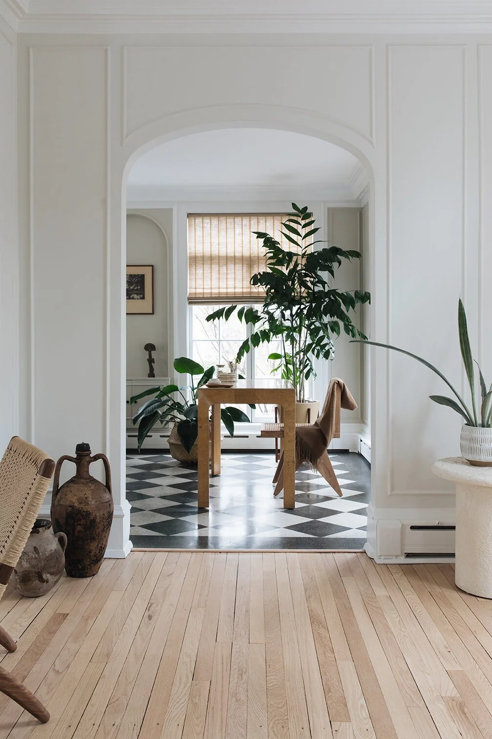Bright, tidy home interior with an arched doorway, hardwood floors and houseplants